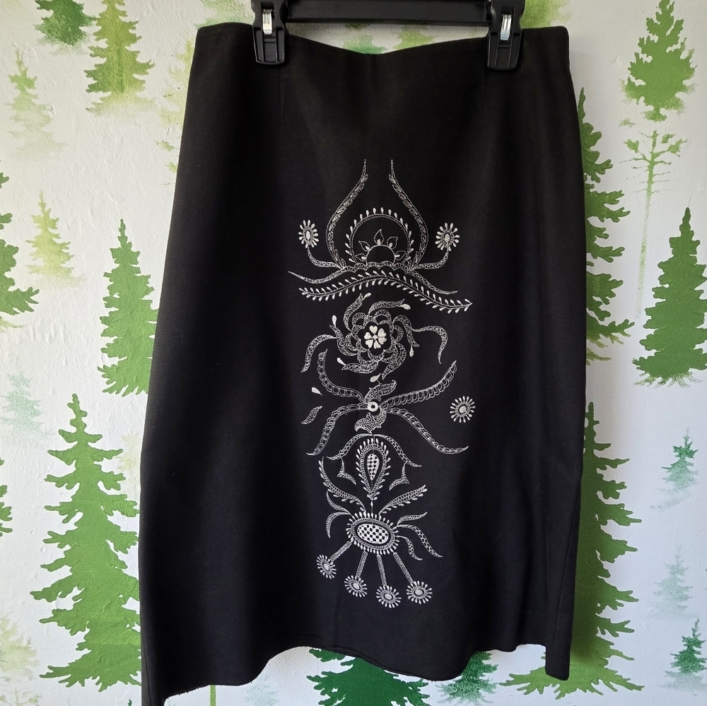 Black Pencil Skirt with Silver Embroidered Motif